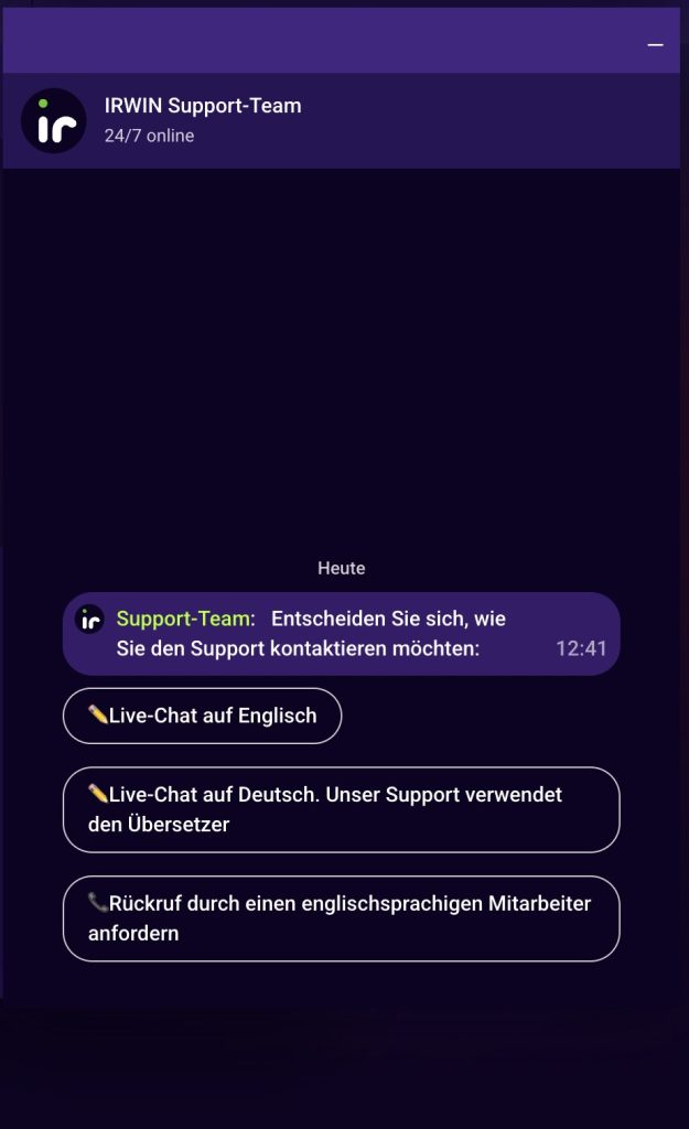 irwin casino live chat